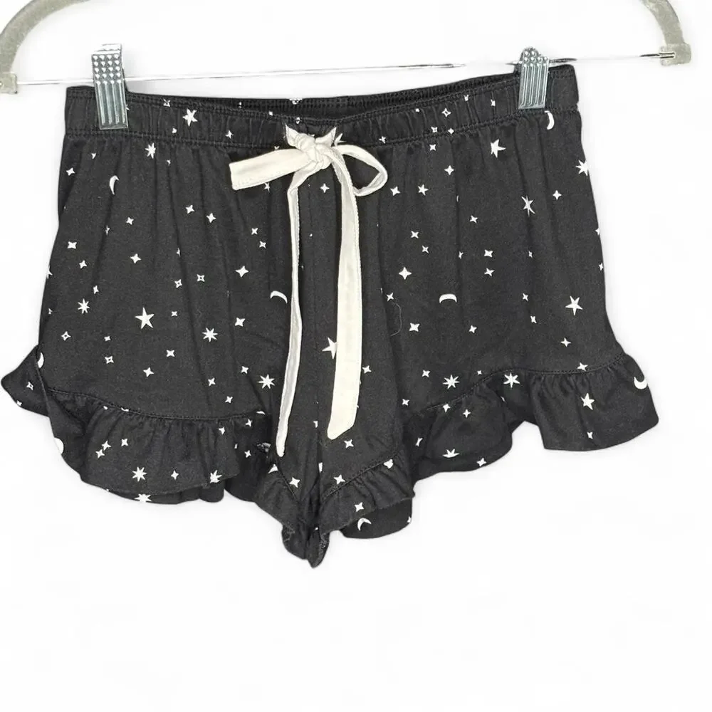 Celestial Star & Moon Ruffle Shorts – Black/White